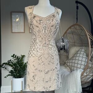 Sue Wong Embellished Cocktail Dress Size 2 Champagne Beaded